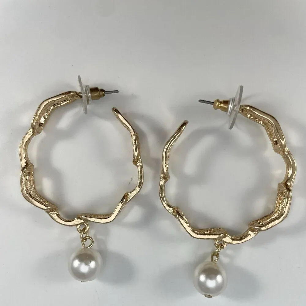 Statement Gold Tone Chain Hoop Faux Pearl Dangle Earrings Boho Fashion Boho